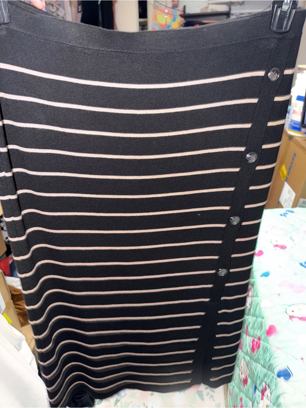 Black and Cream Striped Midi Skirt with Side Button Detail